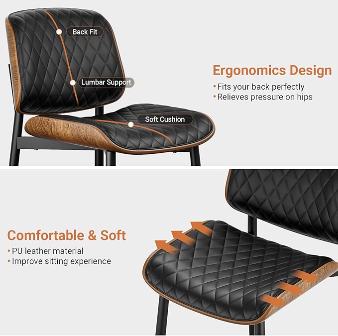 YaFiti Dining Chairs Set of 4, FSC Certified Mid Century Modern Accent Dining Room and Kitchen Chairs, Upholstered PU Leather Diamond Check Chairs with Walnut Bentwood and Metal Legs, Black