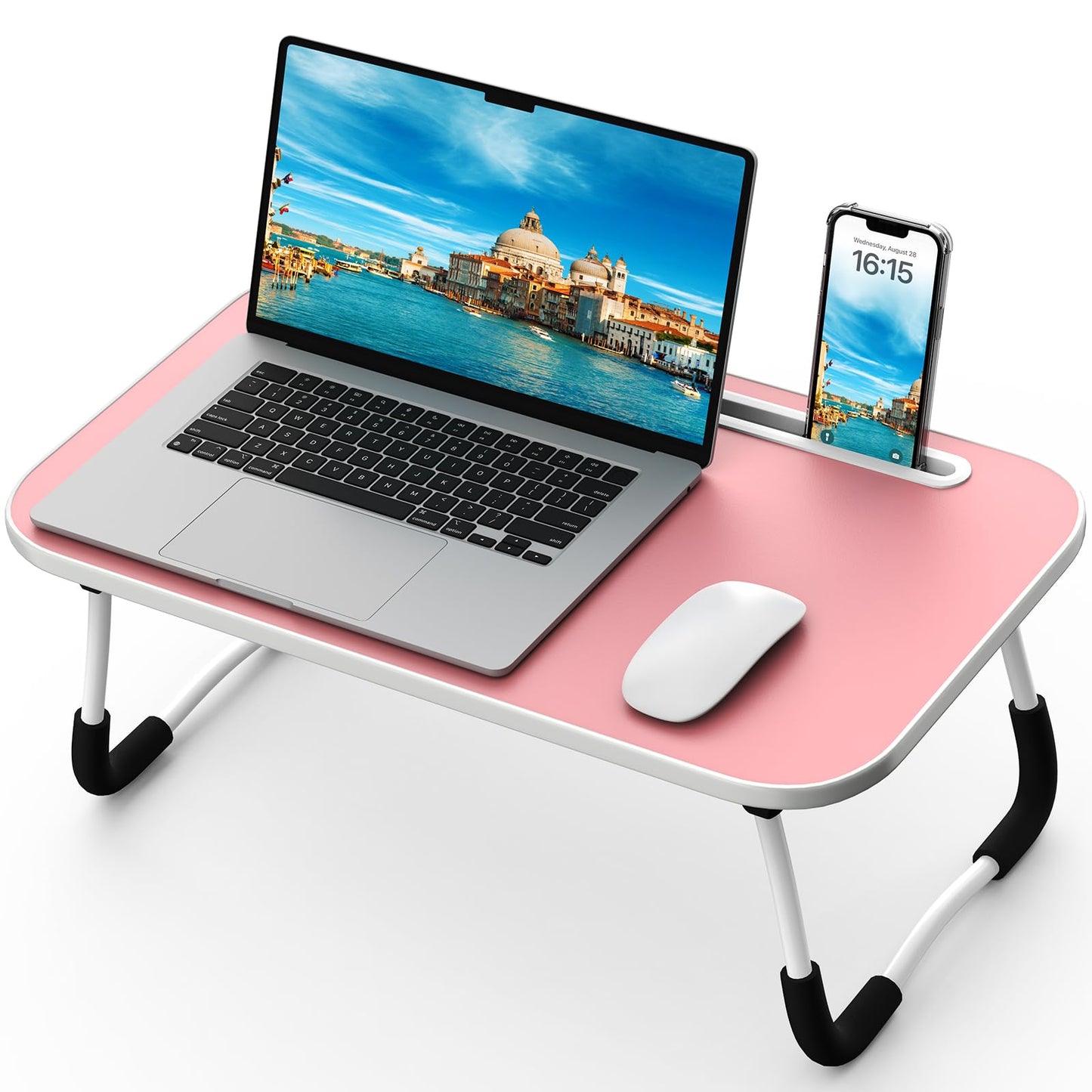 Foldable Lap Desk with Tablet Slot, Portable Laptop Desk for Bed, Lightweight Bed Table for Working Writing Reading Drawing Eating on Couch Floor, Pink (20.8"×11.8")