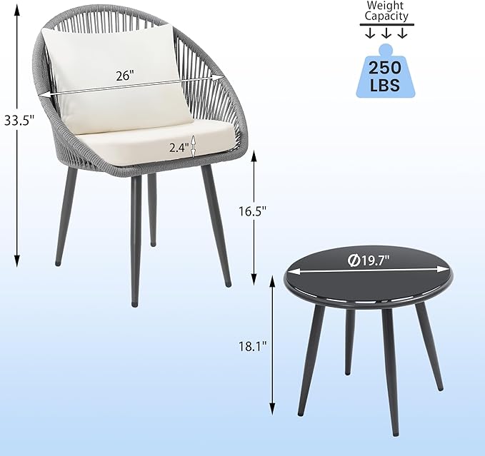 wildformers 3 Pieces Bistro Set, Woven Rope Chair with Cushions, All Weather Patio Conversation Set and Side Table, Ideal for Deck, Balcony, Poolside, Grey