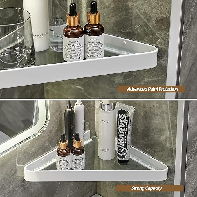 VOLPONE Bathroom Shelves Wall Mounted Glass Corner Shelf for Bathroom Floating Shelf Tempered Glass Wall Organizer 2-Tier(White)
