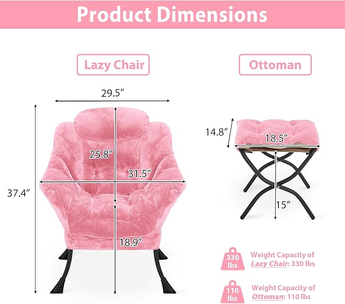 Youtanic Lazy Chair with Folding Ottoman, Accent Chair Plush Upholstered with Metal Structure and Non-Slip Pads, Sofa Armchair with Footrest and Side Storage Bag for Dorm, Room, Office, Pink