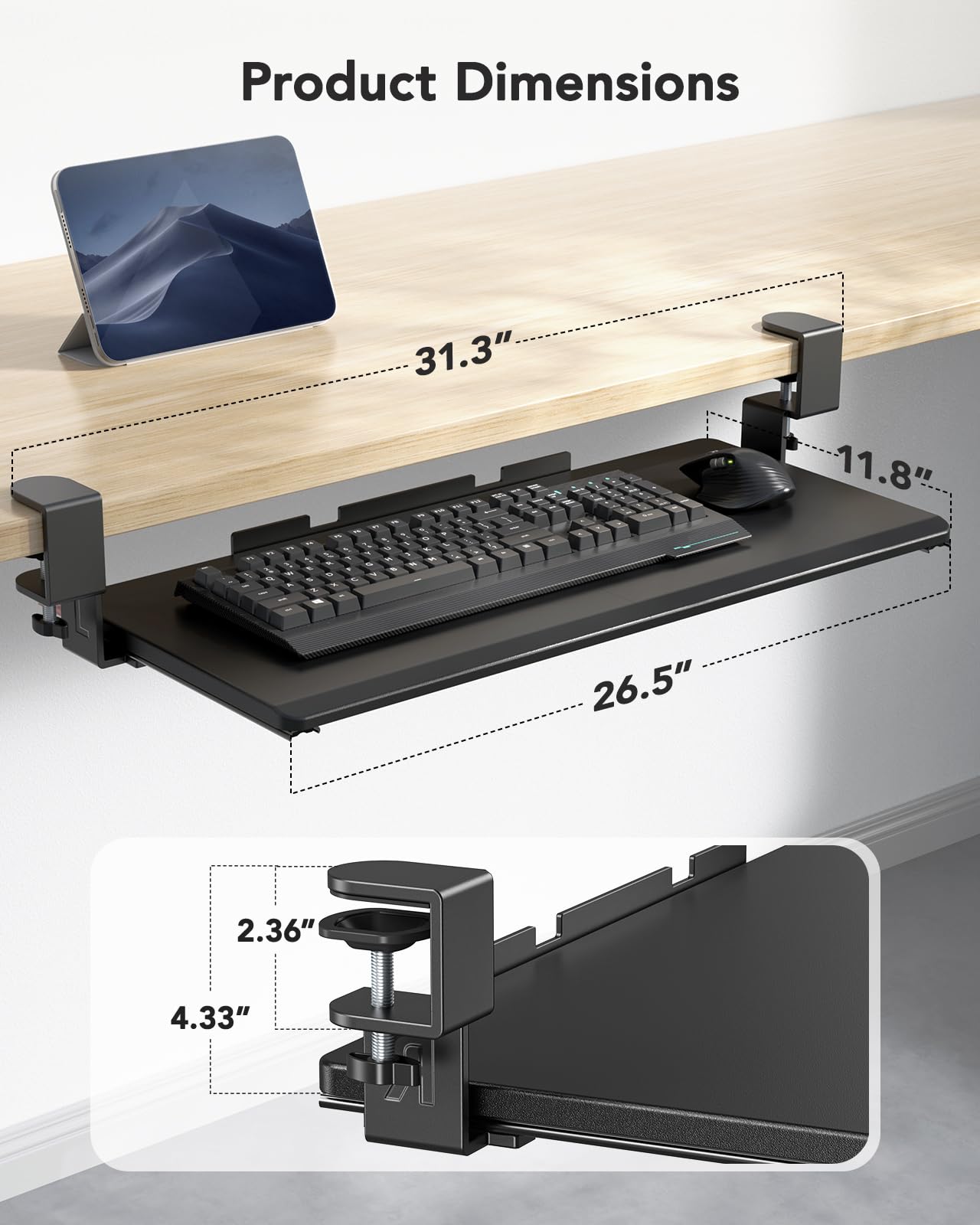 HUANUO Keyboard Tray Under Desk, Pull Out Keyboard Tray with C Clamp Mount, 26.5″ W x 11.8″ D Slide Out Computer Keyboard Drawer Mouse Tray for Typing, Black, HNKB12B