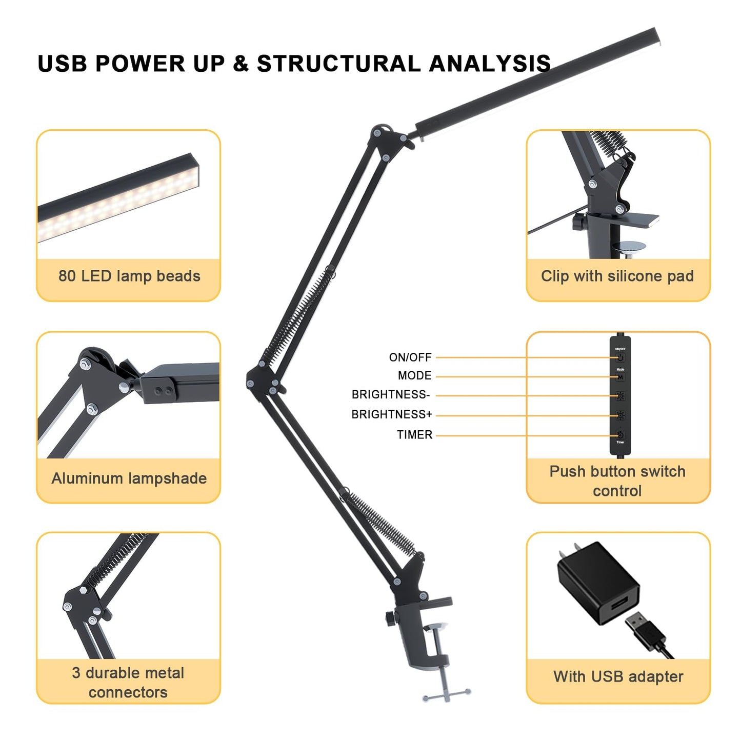 TROPICALTREE LED Desk Lamp for Home Office, Clamp-On with 5 Light Modes & Auto Shut Off | 14W Adjustable Brightness 5000K Eye-Caring Lighting for Study/Bedroom/Computer Desk