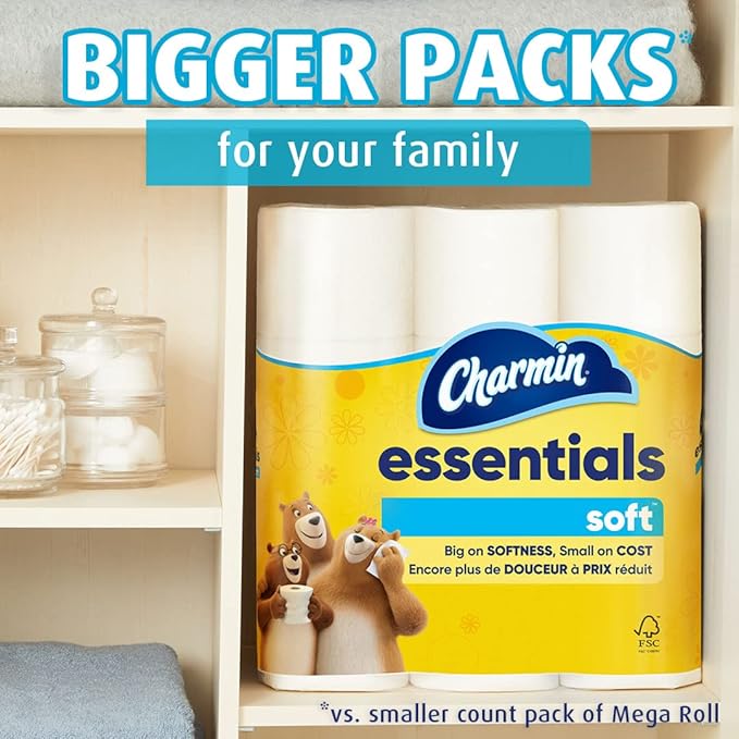 Charmin Essentials Soft Toilet Paper, 9 Mega Rolls = 36 Regular Rolls