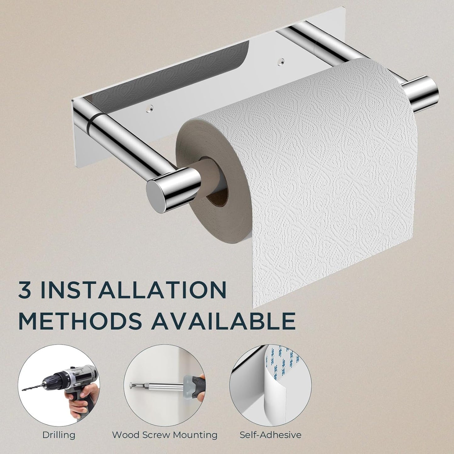 FORIOUS Toilet Paper Holder, Adhesive or Wall Mounted Options, Stainless Steel Rustproof Stick on no Drilling Double Post Pivoting Toilet Tissue Roll Holder Wall Mount for Bathroom, Polished Chrome