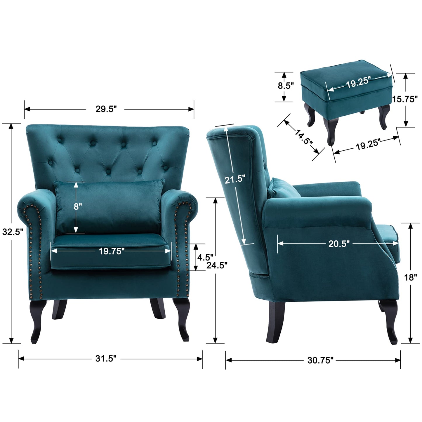 chairus Mid-Century Modern Accent Chair with Ottoman, Comfy Velvet Single Sofa Chair Button Tufted Wingback Armchair with Pillow for Living Room/Bedroom/Club - Teal