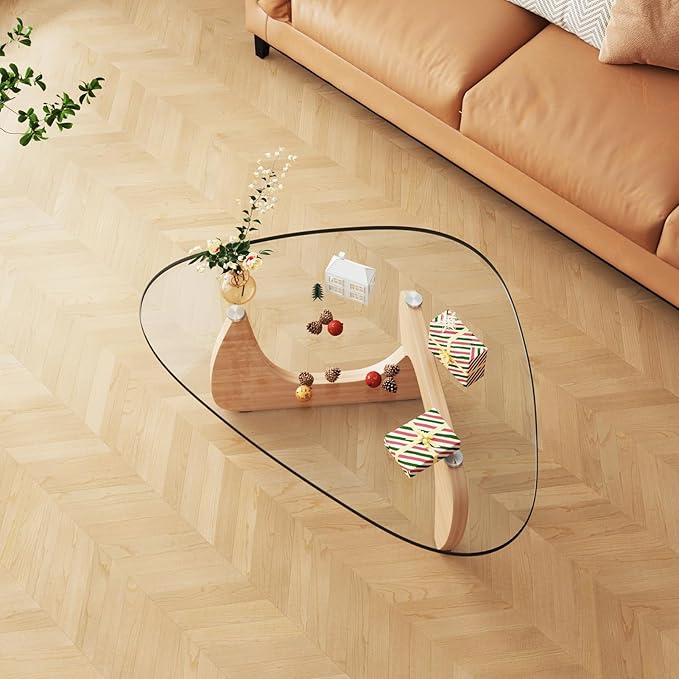 LUCKIIA Coffee Tables Glass Small Farmhouse Coffee Table Mid-Century Modern Wood Center Table for Living Room, Original Transparent, 45 Inch