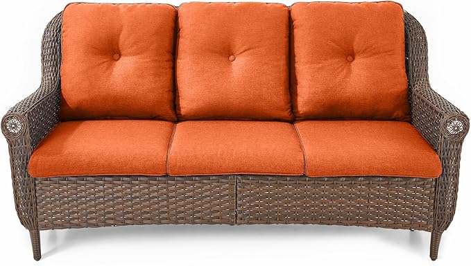 ACTREST Patio Couch Outdoor Wicker Sofa - Heavy Duty All-Weather Brown Rattan 3-Seater with High Back and Comfortable Thick Cushions for Garden Back Porch Poolside Apartment - Orange