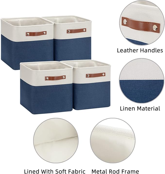 HNZIGE Fabric Cube Storage Bins Basket Set of 4, Closet Storage Cubes with Handles, Organizing Home Office (White Blue)