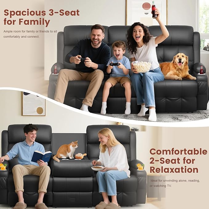 Aotolo Recliner Sofa, Massage Reclining Sofa 3 Seater Sets Heavy Weight Capacity, RV Loveseat Couch Clearance with Flip Back Console, Storage, Cup Holders, Wall Hugger Reclining Couch for Living Room