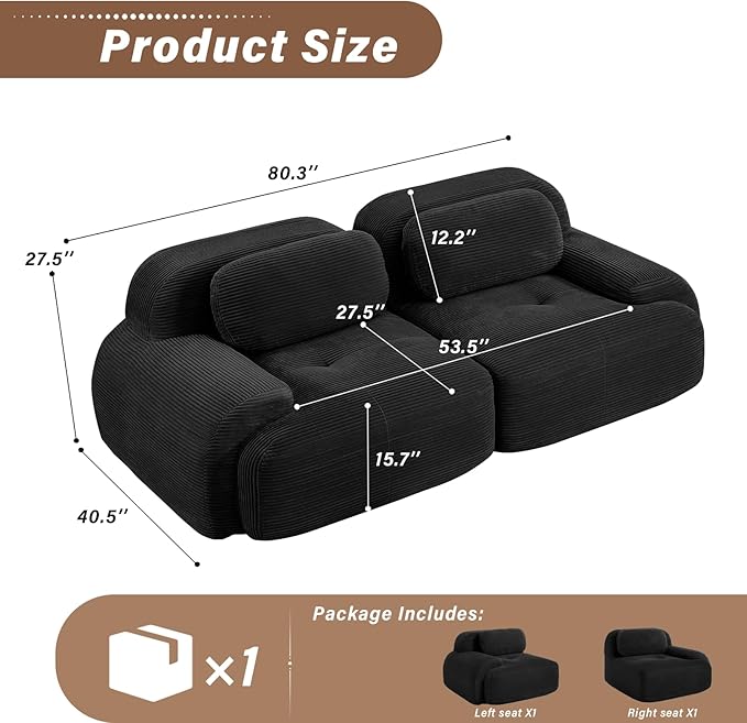 SoarFlash 81" Loveseat Sofa, Comfy Deep Seat, No Assembly, Sofa in a Box, Modern Small Couch with Plush Corduroy Fabric for Living Room, Bedroom, Apartment, Home Office, Black