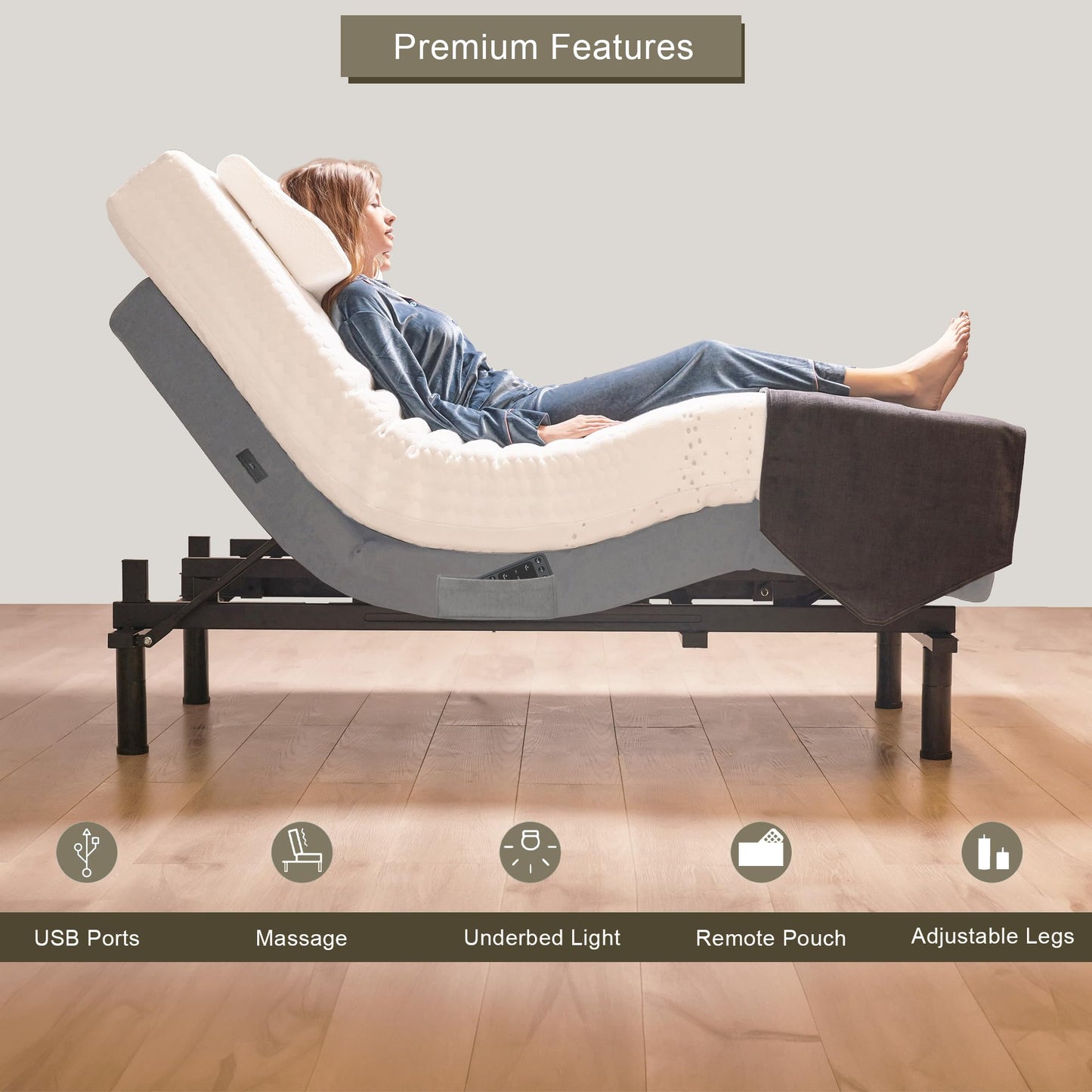 Irvine Home Collection Twin XL Adjustable Bed Base - Dual Massage - USB Ports - Zero Gravity - Underbed Light - Wireless Remote - Zero Clearance - Anti Snore - Memory Positions