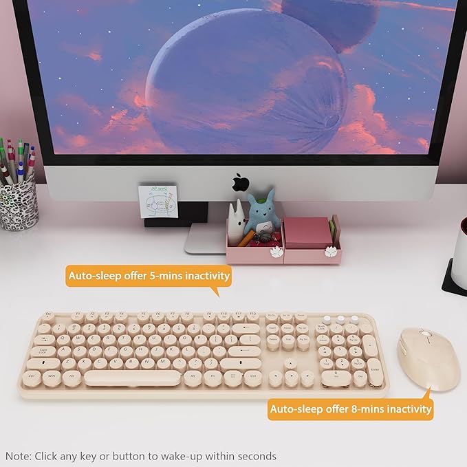 Wireless Keyboard,KOOTOP Cute Colorful 104 Keys Typewriter Retro Round Keycaps Keyboard for PC Laptop,Desktop,Windows, Home and Office Keyboards, s500 coffee