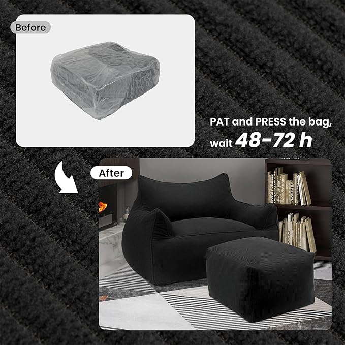 YOURLITE Bean Bag Chair for Adults with Footrest, High-Resilience Foam Filled Bean Bag Sofa with Armrests and Backrest, Comfy Corduroy Floor Sofa for Living Room, Bedroom or Balcony (Dark Grey)