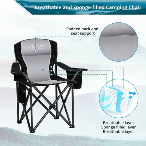 SAILARY Folding Camping Chair, Heavy Duty Portable Lawn Chairs with Cooler Bag, Side Pocket & Cup Holder, Folding Chairs for Outside Support 450lbs Black