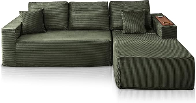 Modular Sectional Sofa Cloud Couch with Multi-Functional Armrests, Boneless Plush L-Shape Living Room Couch with Deep Seat, Fluffy Comfy Sleeper Sofa Easy Assembly (Green, Left Chaise)