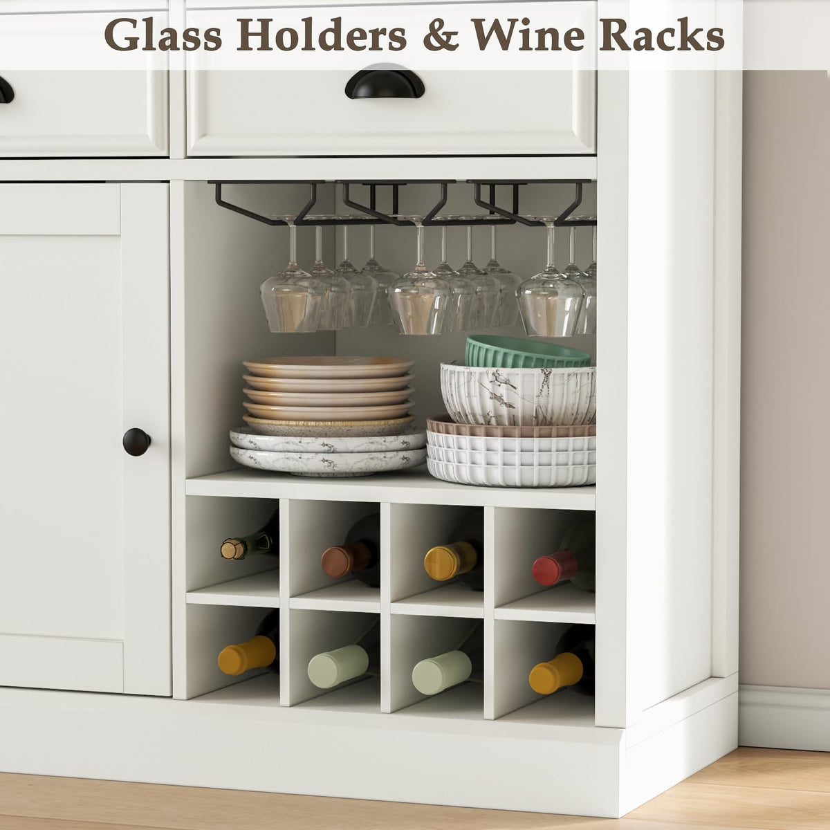Loomie Wine Bar Cabinet with Pull-Out Trays & Drawers, Liquor Cabinet with Wine Rack & Stemware Holder, Coffee Bar Cabinet with Door & Adjustable Shelf, Kitchen Buffet Cabinet for Home Pub (White)