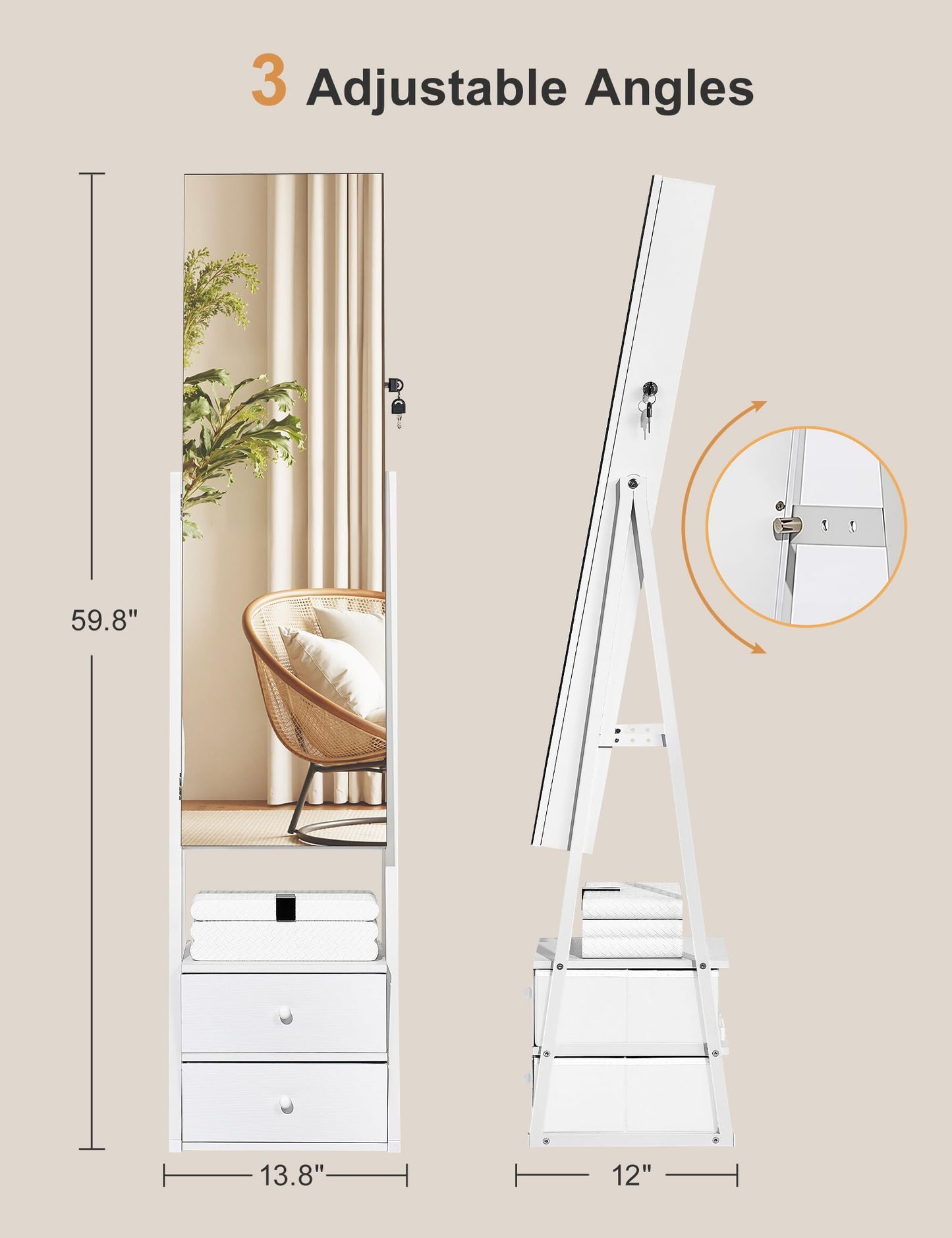 Nicetree Jewelry Cabinet, Standing Jewelry Mirror with Storage, Mirror Jewelry Armoire with 2 Drawers, Lock, Shelf, Polishing Cloth, Grain White