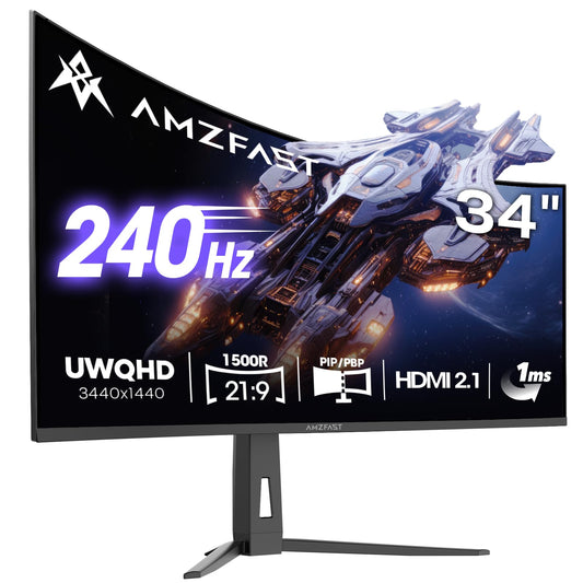 Amzfast 34 Inch Curved Monitor 240Hz UWQHD (3440x1440) Gaming Monitor, 1ms G-SYNC Compatible, 1500R, PIP/PBP, HDR400, 96% DCI-P3, Tilt/Swivel/Height Adjustable, TÜV Rheinland, HDMI 2.1, AMZG34C8 Pro