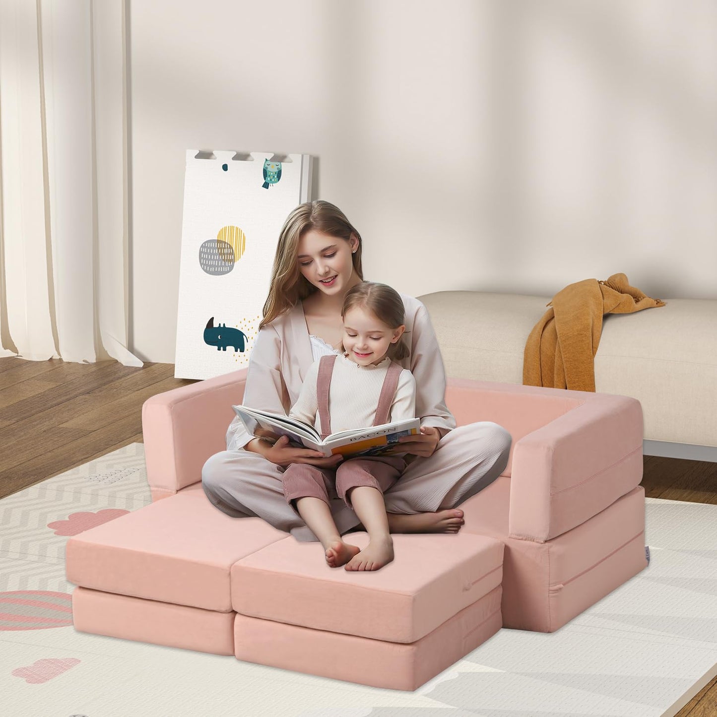 Getifun Modular Kids Sofa, Foam Toddler Couch, Convertible Plush Kids Play Couch (Pink)