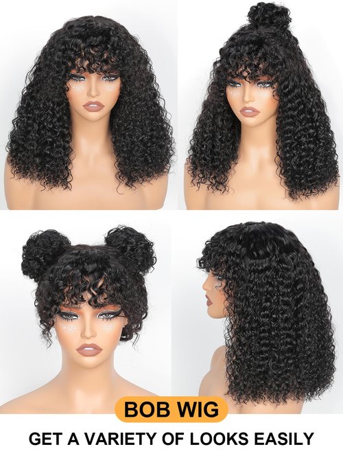 Bob Wig with Bangs Human Hair Water Wave 2x4 HD Lace Closure Front Curly Wigs Human Hair Bang Wig 220 Density Glueless Wear and Go for Beginners 100% Brazilian Human Hair for Black Women 12 Inch