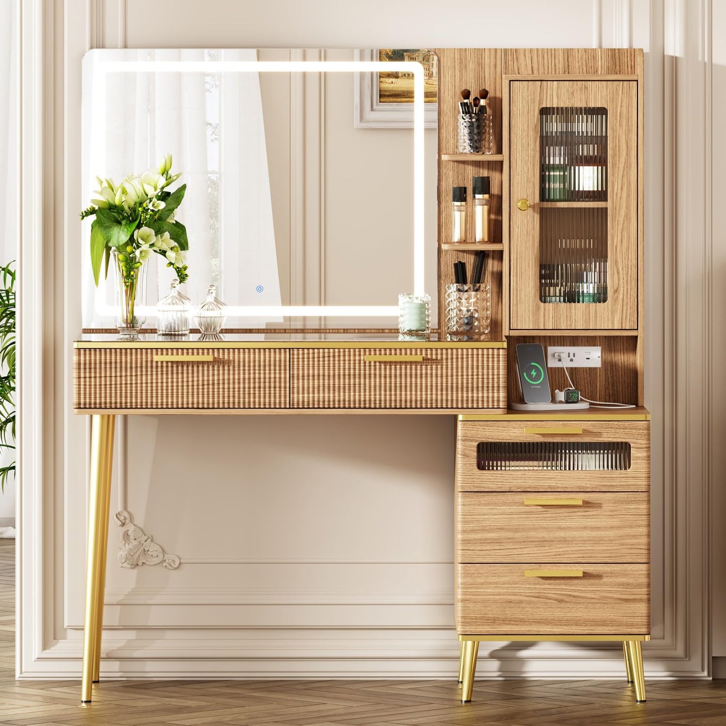 Chrangmay 47.24" Big Modern Vanity Desk with Mirror and Lights,Makeup Vanity Desk with 5 Drawers and Storage Shelves & Power Outlet,Dressing Table with Glass Top, Oak