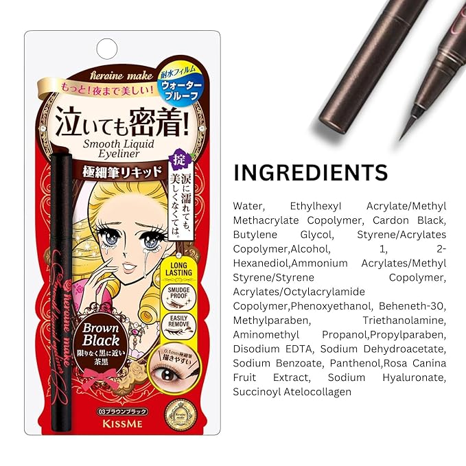Heroine Make by KISSME Liquid Eyeliner Pen with Ultra-Fine 0.1mm Tip, Waterproof Eyeliner for Sensitive Skin, Cat Eye Liner for Long Lasting Wear, Made in Japan, Brown Black SMOOTH, 1 Count