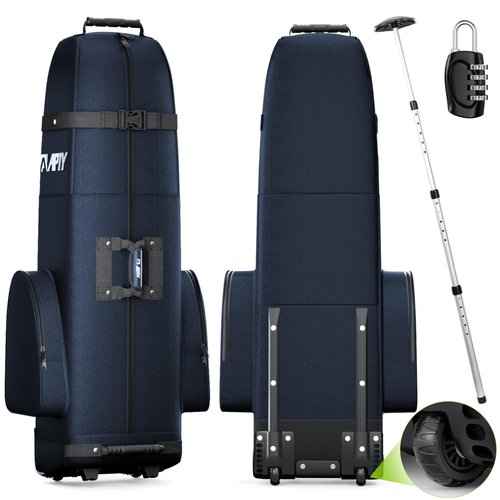 APTY Padded Golf Club Travel Bag with Wheels, Golf Luggage Case Cover for Airline - with Adjustable Support Rod, Luggage Lock, Waterproof Coating Layer, 1680D Wear-Resistant Oxford, Blue