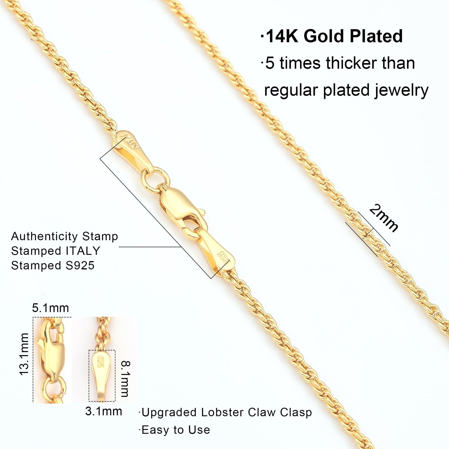 Waitsoul 925 Sterling Silver Rope Chain Lobster Clasp 2mm Gold Plated Chain Necklace for Men Women Necklace Chain 30 Inch