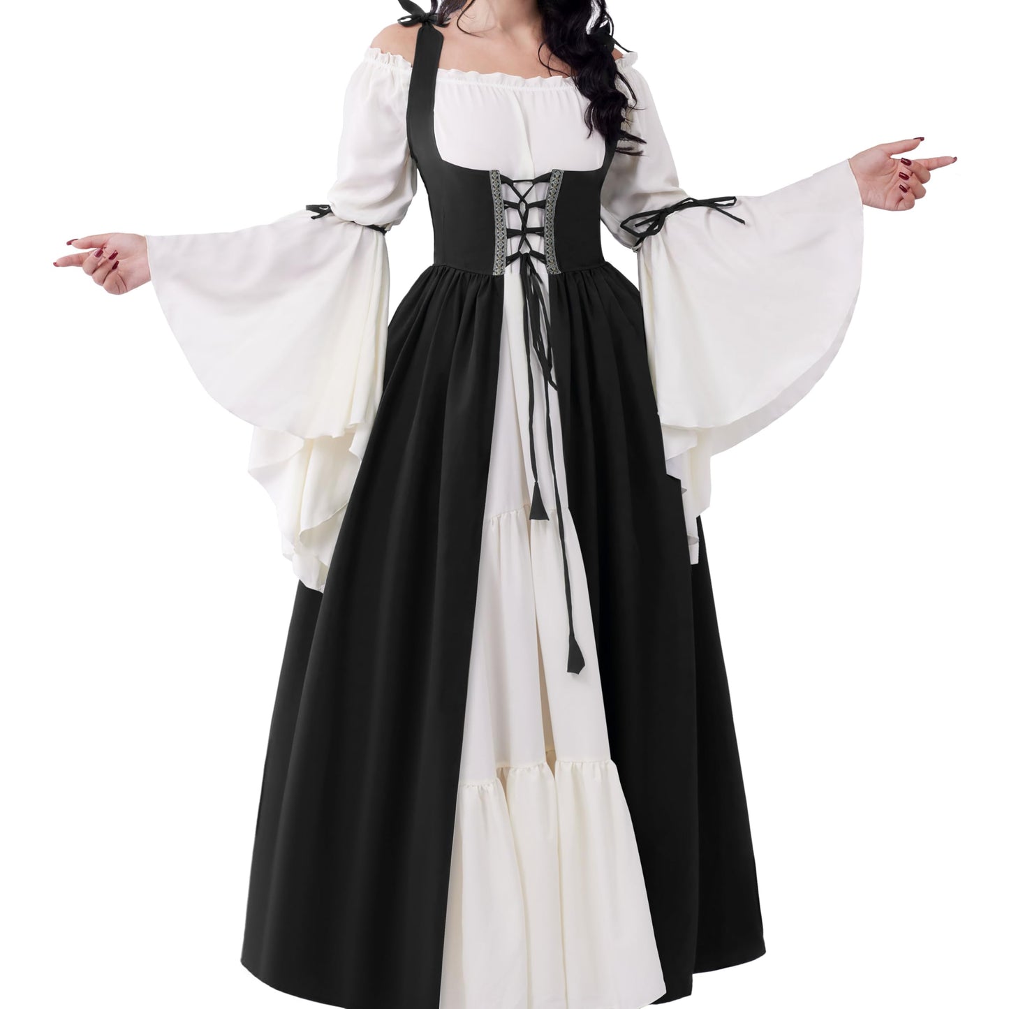 Spooktacular Creations Renaissance Costume Women, Medieval Black Chemise Ren Faire Dress Irish Overdress, Renaissance Corset with Trumpet Sleeve for Halloween Cosplay Wedding Themed Parties-S