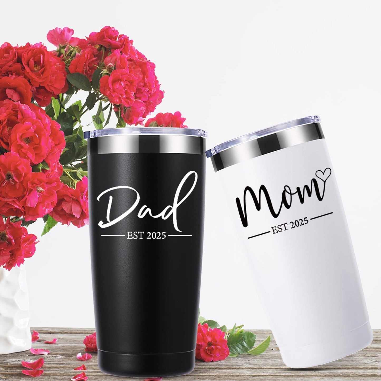 momocici Dad Mom Est 2025 20 OZ Tumbler.Anniversary New Parents Pregnancy Parents to be Gift.Father's Mother's Day Couples Gifts.Mom to Be Dad to Be Gifts.(Black&White)