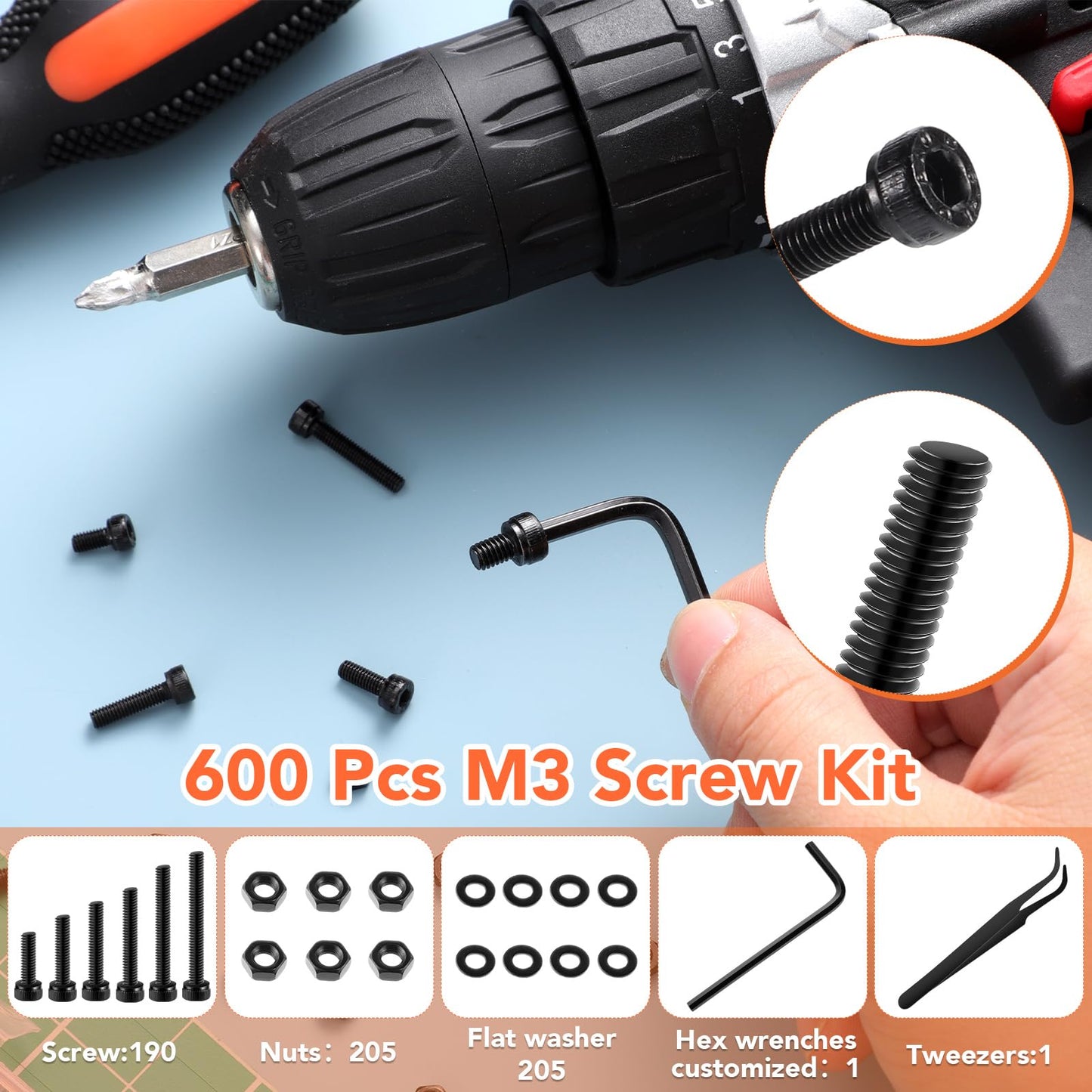 600 Pcs M3 Screws Assortment Kit, M3x 6/8/10/12/16/20/25/30mm M3 Screw Kits 12.9 Alloy Steel Nuts and Bolts Assortment Kit Black Zinc Plated Hex Socket Head Screws Nuts Bolts and Washers Set