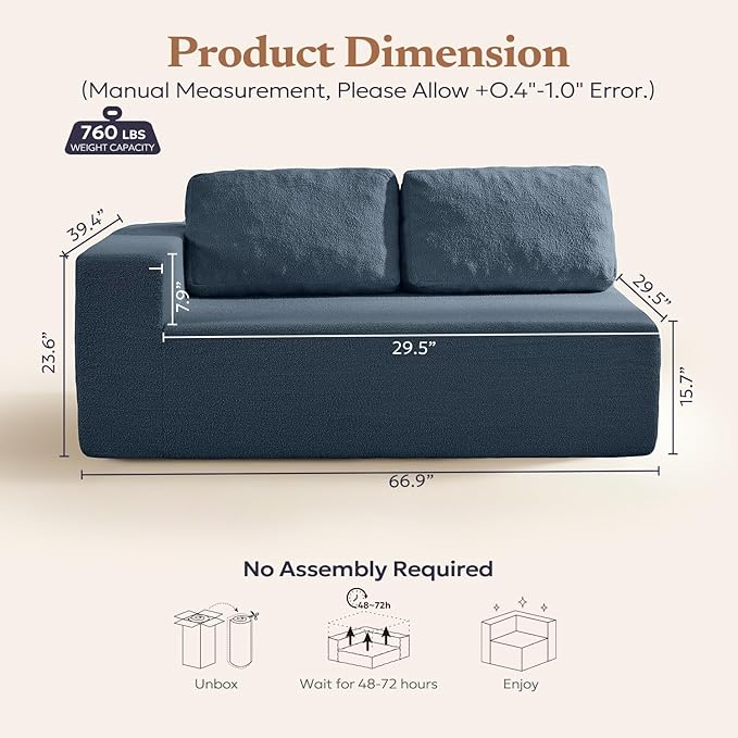 Furnify Loveseat Sofa, Cloud Modular Sofa Couch, Upholstered Floor Sofa with Deep Seat, Upholstered Foam Couch for Bedroom Living Room, No Assembly Required (Teddy Boucle, Blue)