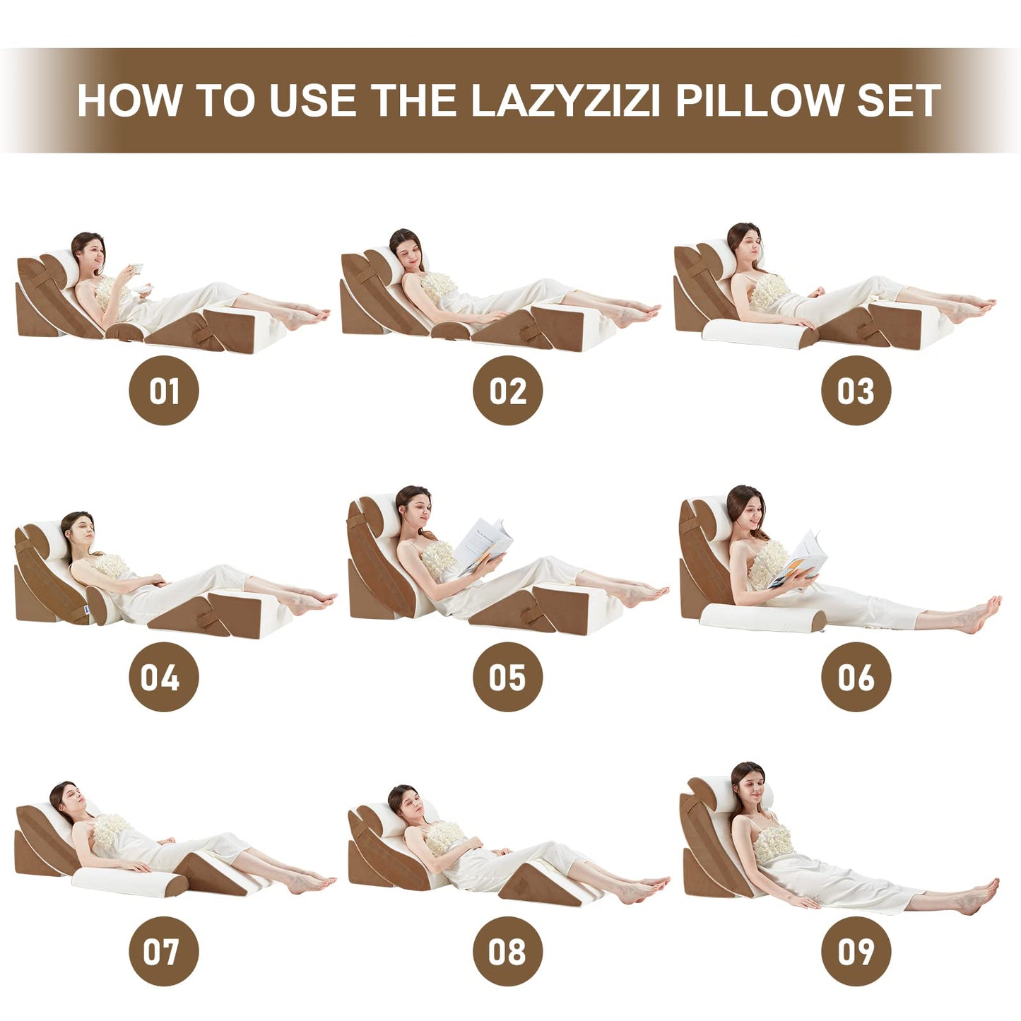 Lazyzizi 6pcs Orthopedic Bed Wedge Pillow Set, Memory Foam Wedge Pillow for Sleeping, Knee, Lumbar and Back Pain Relief Adjustable Bed Pillow - Acid Reflux, Anti Snoring & GERD Sleeping, Brown