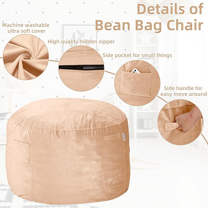 HABUTWAY Bean Bag Chair 3Ft Luxurious Velvet Ultra Soft Fur with High Rebound Memory Foam Bean Bag Chairs for Adults Plush Lazy Sofa with Fluffy Sponge 3' (Khaki)