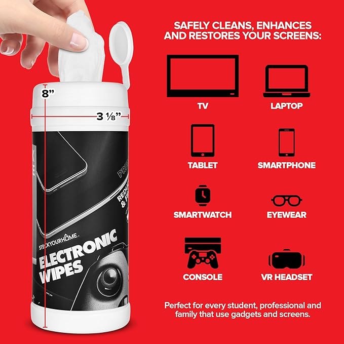 Electronic Screen Cleaner Wipes (80 Count, 2 Pack), Streak Free Pre-Moistened Wipes for Cleaning TVs, Laptops, Phones, Watches, Glasses, Cameras and Computer Screens