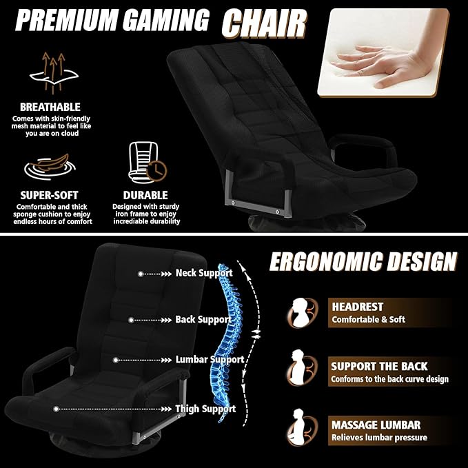 ACIPENSER Swivel Gaming Chair Multipurpose 2PACK Floor Gaming Chair for Playing Video Games, TV, Reading w/Armrest Lumbar Support & 6 Adjustable Postion Backrest for Adults & Kids, Black