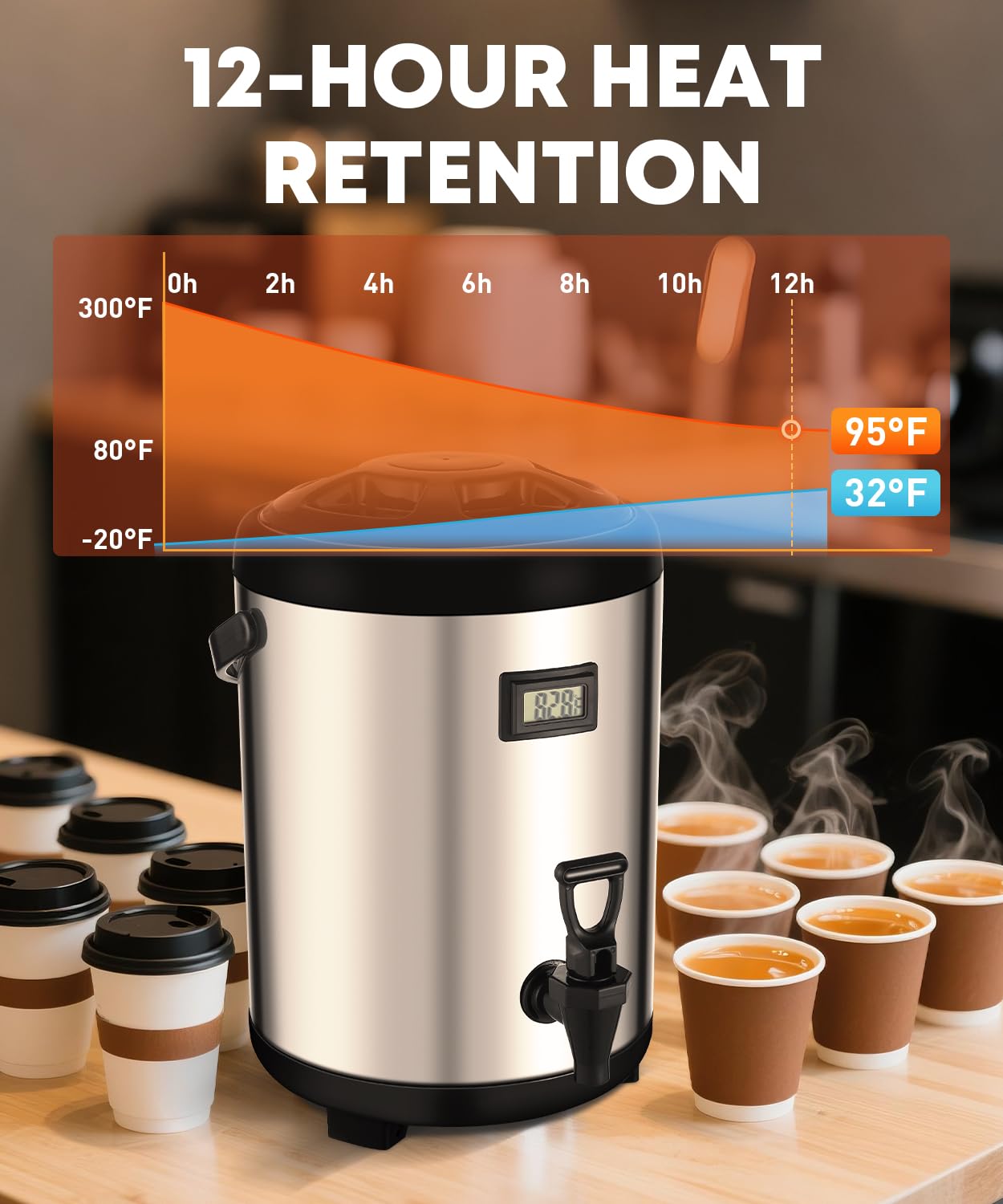 THXSUN 3.2 Gallon Insulated Beverage Dispenser, 12L Thermal Coffee and Drink Server with Spigot, Non-Electric Hot & Cold Drink Container for Juice, Tea, Milk, or Chocolate
