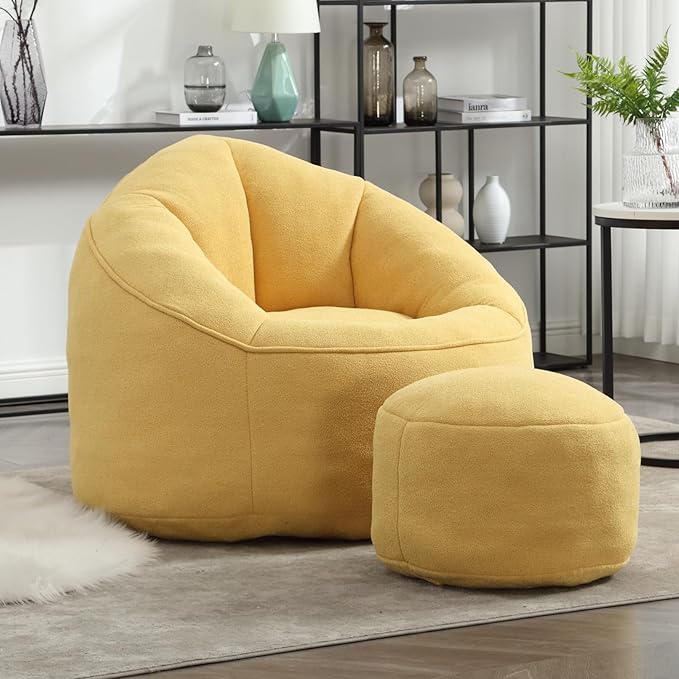 Bean Bag Chairs, Gaint Bean Bag Couch with Memory Foam for Adults and Kids, Microfiber Upholstered Sofa with Ottoman, Comfy Lazy Bean Bag Reading Chair for Living Room