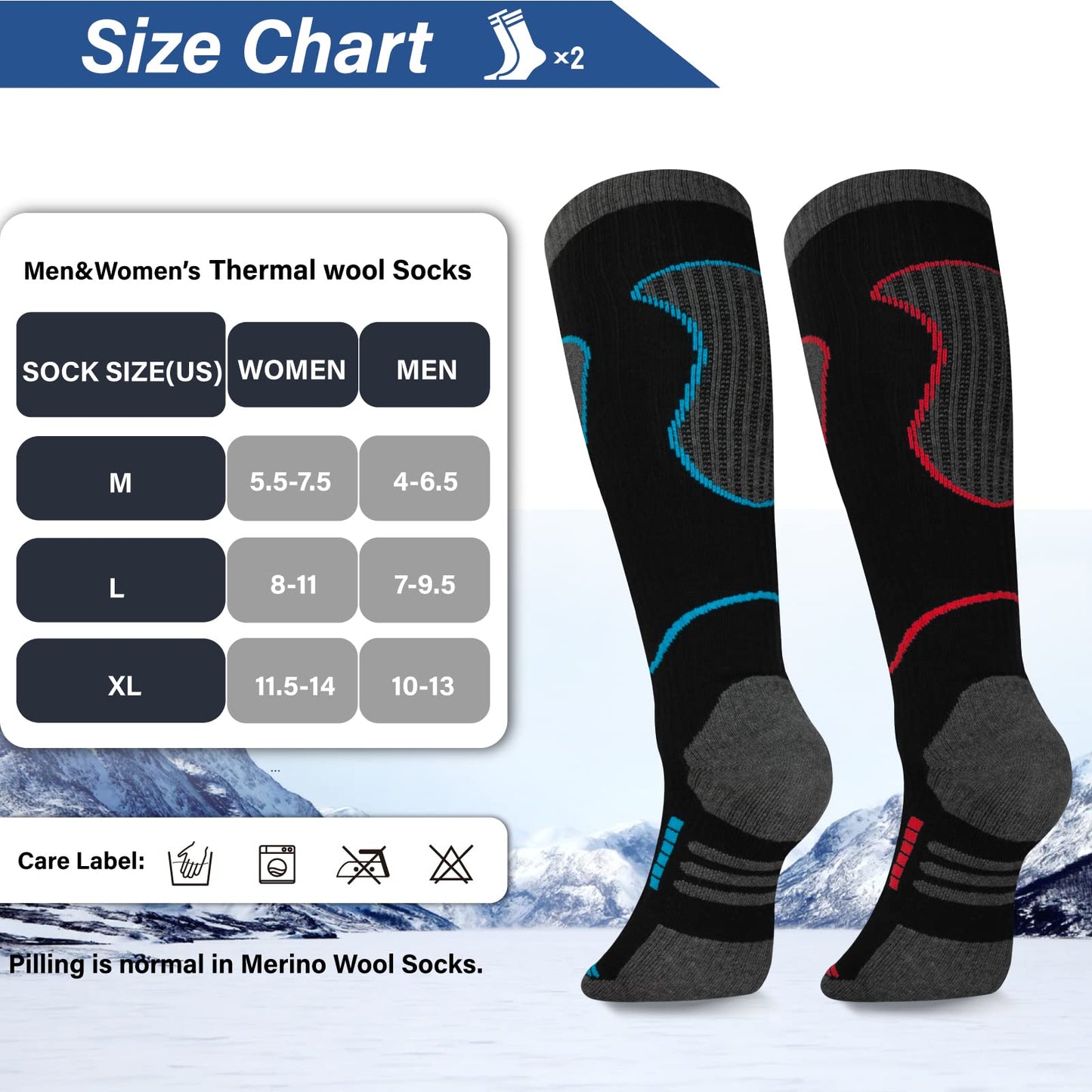 Merino Wool Ski Socks 2 Pairs, Thermal Knee High Warm Socks for Snowboarding, Hiking, Cold Weather, Snow, Hunting