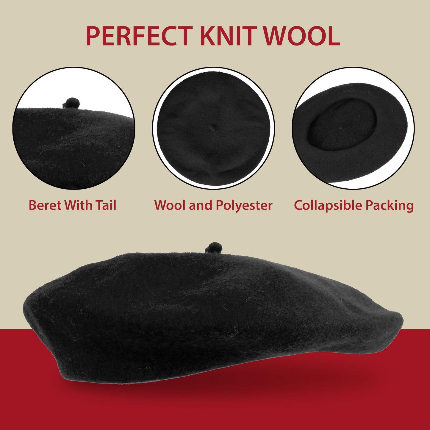 Kangaroo Black Hat- Women's Wool Beret, Parisian Hat, Lightweight Stylish Beret, Classic French Fashion Accessory