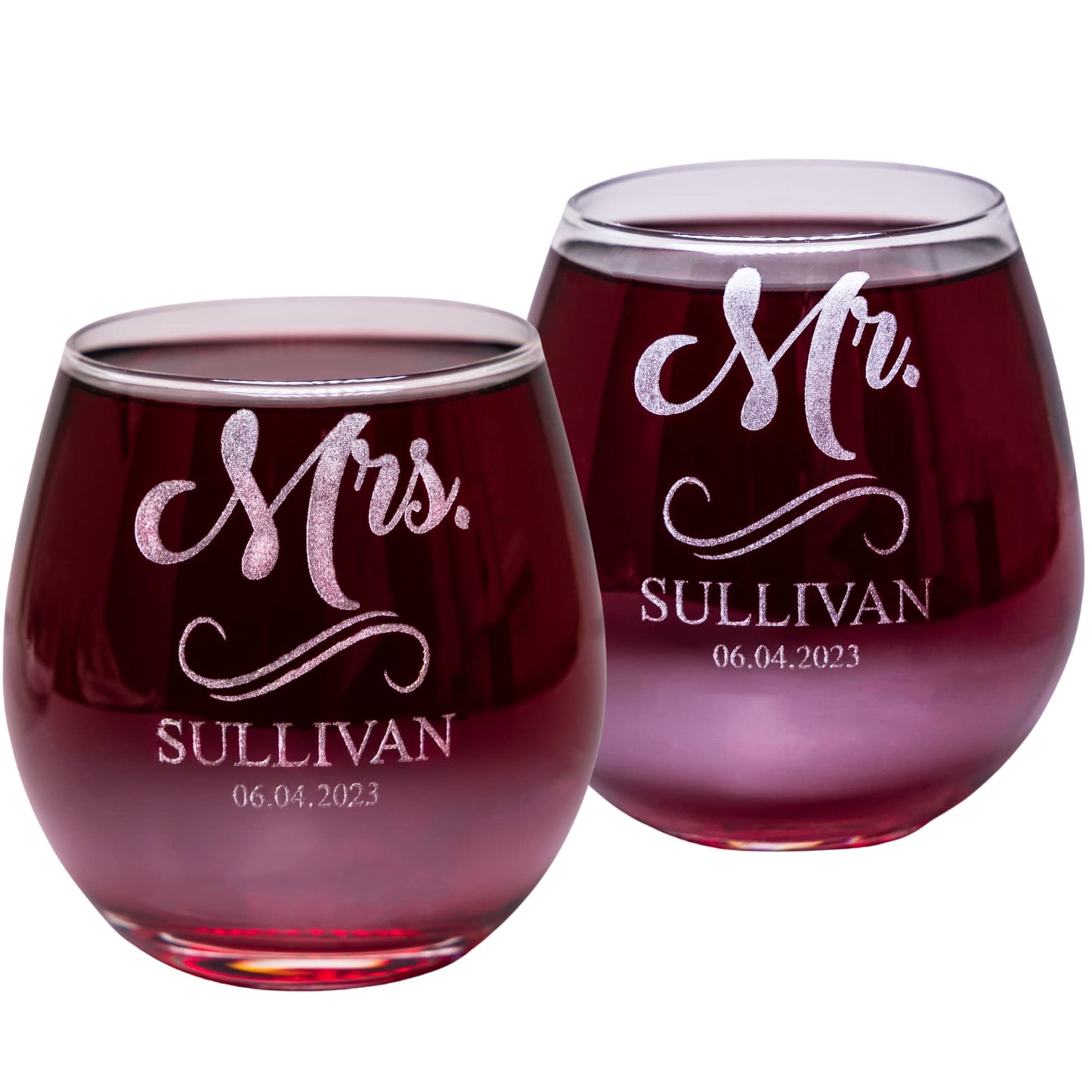 Gifts Inscribed Personalized Mr and Mrs Wine Stemless Glass Set of 2 – Custom Engraved Wedding Stemless Wine Glasses Gift for Couples, Engagement, Birthday, or Anniversary