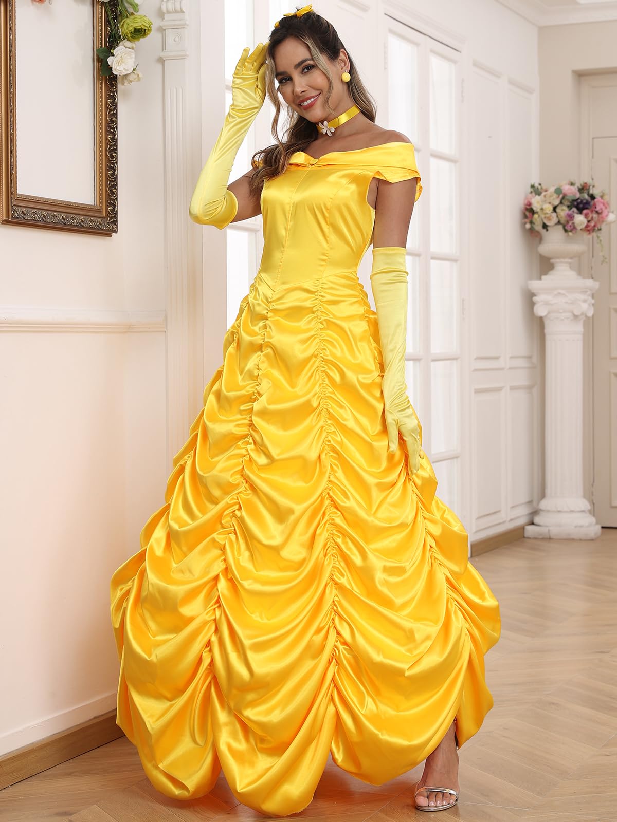 Poboola Belle Costume Women Adult Princess Costumes Halloween Cosplay Party Yellow Dress Long Dress Gown Beauty Outfit L