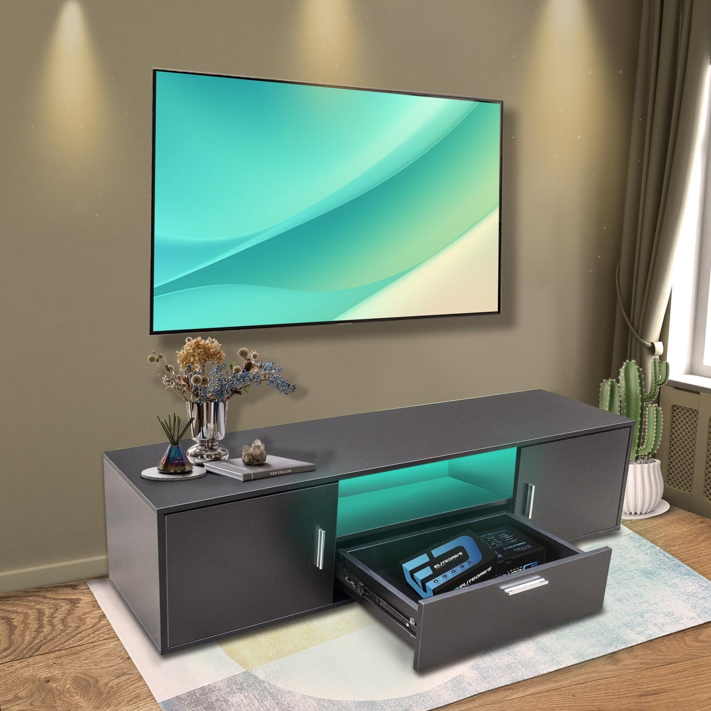 amadecohome 55 Inch TV LED TV Stand, Morden TV Console Table Entertainment Center, Gaming TV Cabinet for Living Room Bedroom Office Home Apartment Furniture (Black TV Stand with 4 Storage)