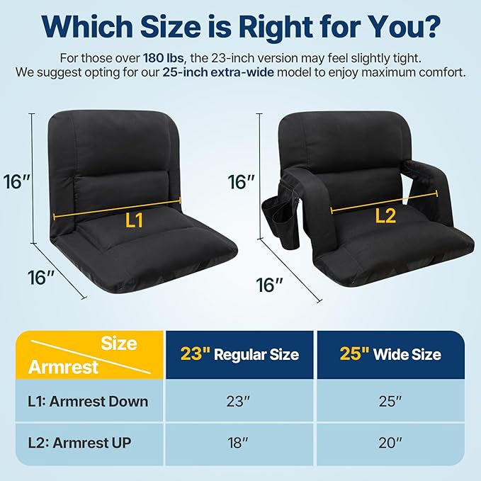 DEKEMASTER Stadium Seats with Back Support, Exclusive Sofa Style Design 25inch Wide Bleacher Chairs with Extra Thick Back and Cushion, 6 Reclining Positions for Sport Events Camping