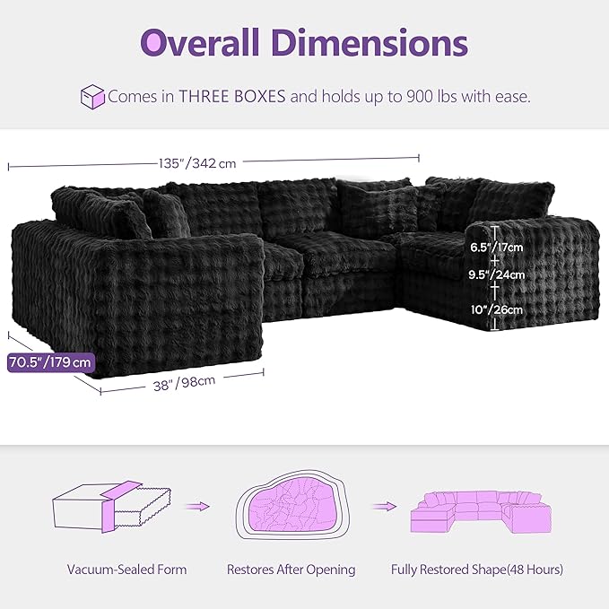 TYBOATLE 135’’ Boneless Slow-Rebound Memory Foam Couch, Cloud Sectional Couches for Living Room w/Upgraded Fabric, Deep Seat Comfy Fluffy U Shaped Modular Sectional Sofa w/Chaise