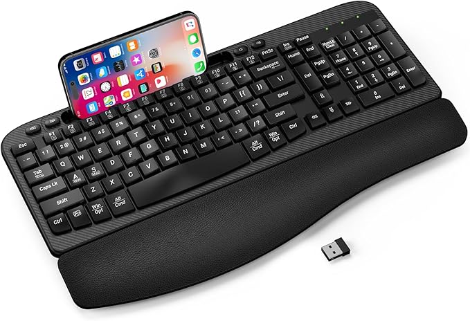 Ergonomic Wireless Keyboard with Cushioned Wrist Rest, Wave Keys, Phone Holder, Comfortable Natural Typing, 2.4GHz Full Si...