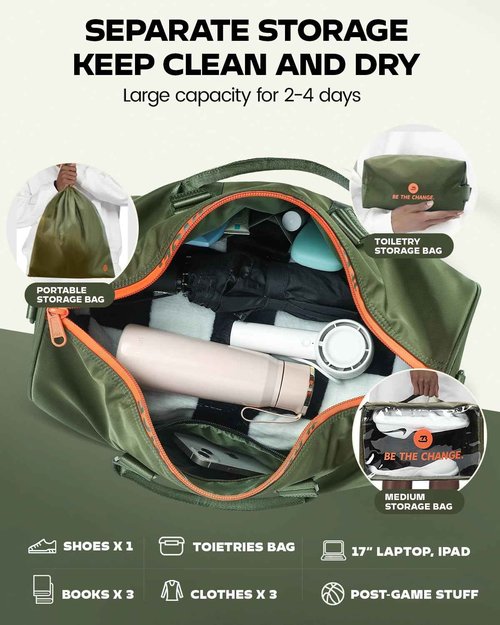 MOVEMINGLE 4Pcs/Set Waterproof Sports Duffel Bag 1000D Nylon Heavy Duty Travel Swim Gym Bags for Men and Women Weekender Bag with 3 Accessory Bags of Wet & Dry Separation Upgrades 2.0 Green