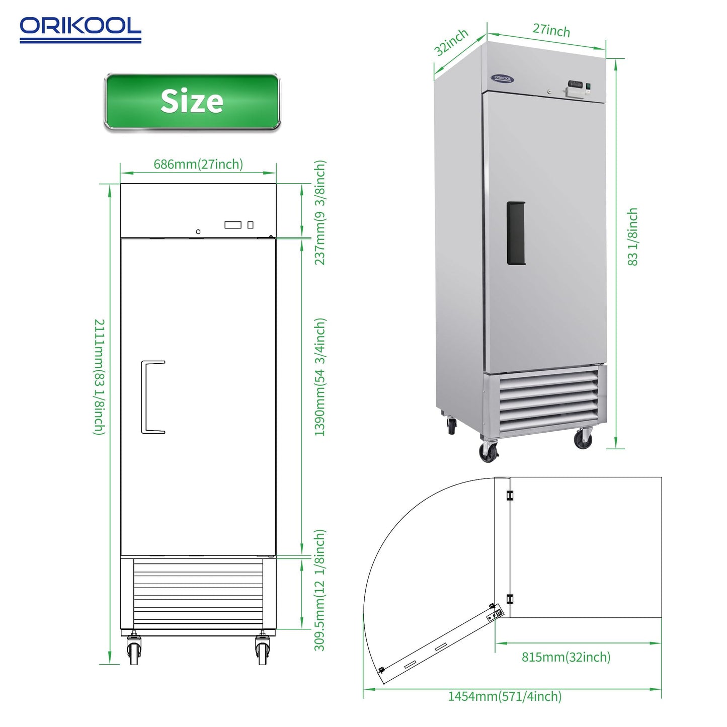 ORIKOOL 27" W Commercial Reach-In Upright Refrigerator - Single Door Stainless Steel Fridge, 23 Cu.ft Capacity, 3 Adjustable Shelves, Auto Defrost, Digital thermostat control, LED Lighting