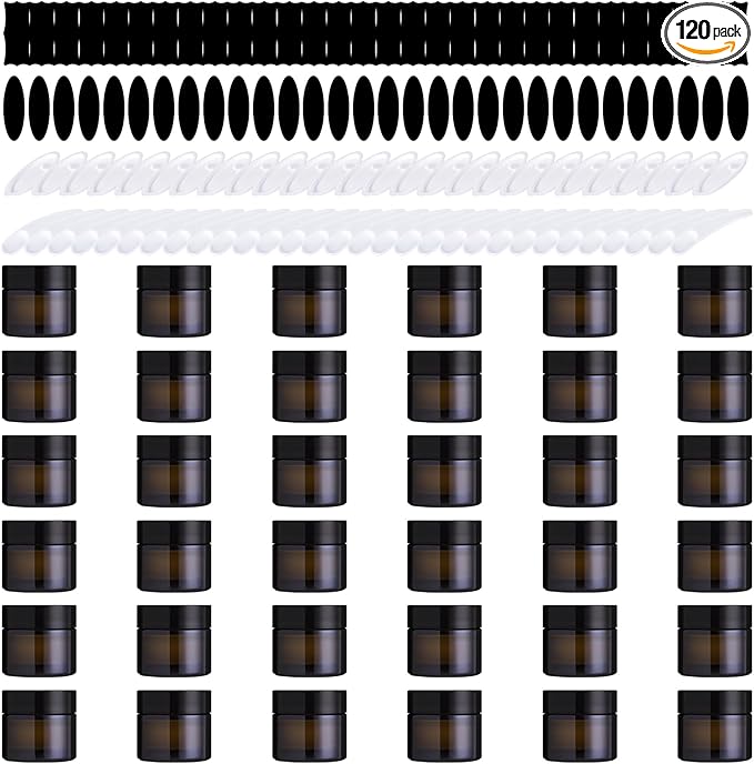 120Pcs 10g Amber Glass Jars Assortment Kit with Inner Liners and Black Lids, Spoons and blank labels for Storing Lip and Body Scrub, Lotion, Body Butter, Bath Salts